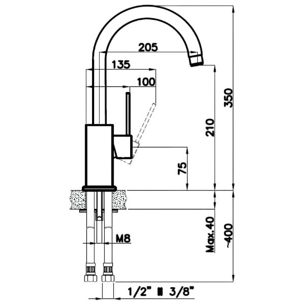 Смеситель RIVELATO Rivelato Смеситель для кухни Orta U-обр. D-35мм, монтаж: вертикально на раковину, материал: латунь, цвет: хром 9021200 cromo
