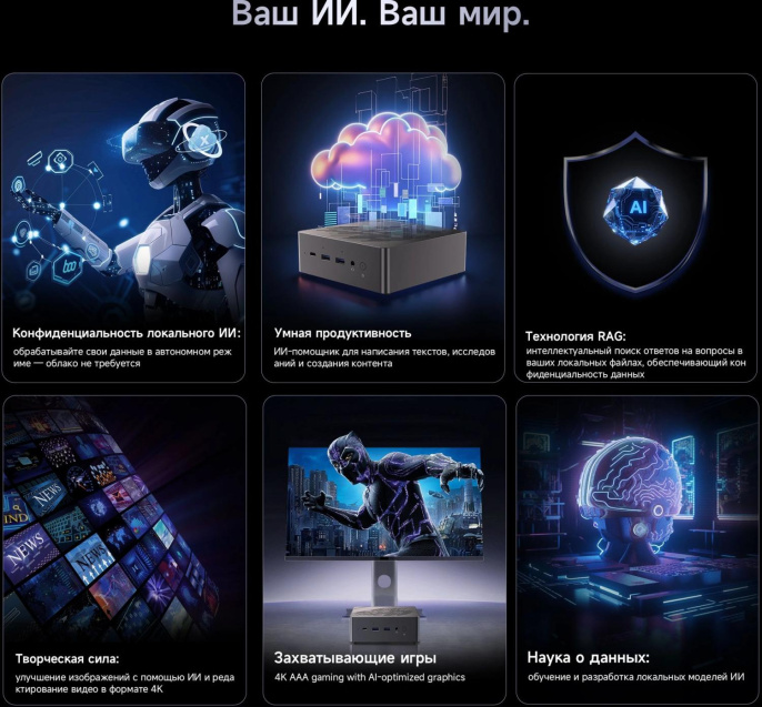 ПК Мини Chuwi AuBox Ryzen AI 9 365 2 32Gb SSD1Tb Radeon 880M Windows 11 Pro 2x2.5GbitEth WiFi BT 120W серебристый/черный (17131075)