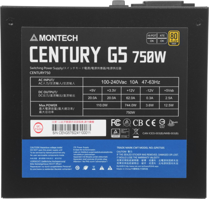 Блок питания Montech ATX 750W CENTURY GOLD G5 80+ gold 20+4pin APFC 120mm fan 10xSATA Cab Manag RTL (CENTURY GOLD G5 750)