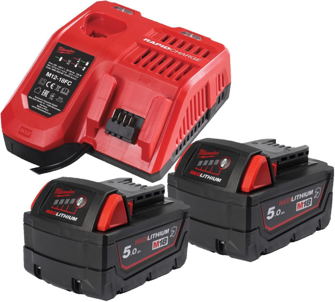 Энергокомплект Milwaukee M18 NRGCR-502 4932479831 Li-ion, для строительного инструмента, совместим с Milwaukee, 18 В, 5 А·ч, с индикатором заряда, напряжение зарядного устройства: 12-18 В, 2 x М18В5 аккумуляторные батареи, зарядное устройство M12-18 FC