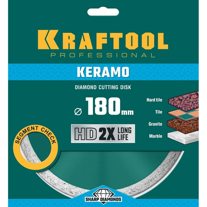 Диск алмазный отрезной сплошной по керамограниту KRAFTOOL Keramo 180х22 мм 36684-180