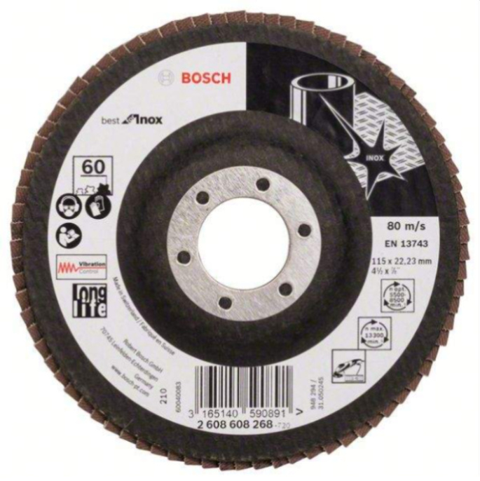 Шлифовальный круг Bosch 2.608.608.268 (металл, зернистость 60, 1 в наборе, до 13300 об/мин, сухая шлифовка, ширина/диаметр 115 мм, посадочный размер 22.2 мм)