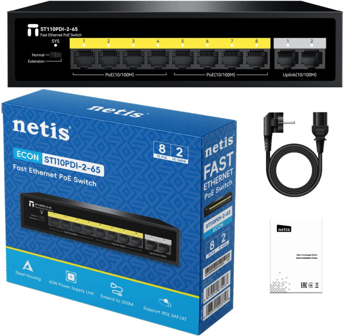 Коммутатор Netis ST110PDI-2-65 L2 10x100Мбит/с 8PoE 65W неуправляемый