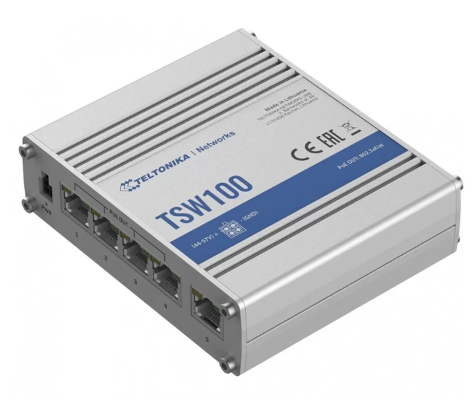 Коммутатор Teltonika TSW100 SW1000000 INDUSTRIAL UNMANAGED POE+ SWITCH 120W budget 5x Gigabit RJ45 312828