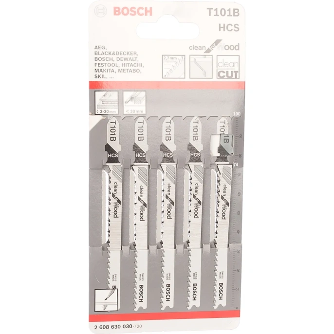 Пилки T101B 5 шт. для лобзиков 74 мм; хвостовик с 1 упором; чистый пропил; HCS BOSCH 2.608.630.030