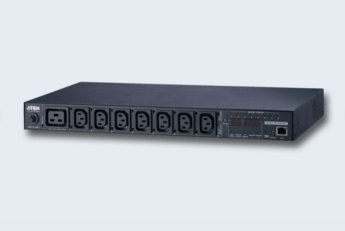 ATEN PE6208G-ATB-G Устройство распределения питания, с управлением, 16A, 3.84kW, 8 портов, 1 банк, IP доступ, ввод C20, 7*C13+1*C19;монитор. V / A / кВт / кВт·ч по банку/устройству;вкл/выкл по портам;без шнуров