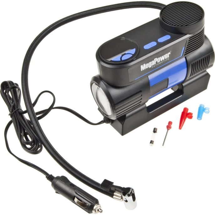 Поршневой компрессор MEGAPOWER 150PSI 20 л/мин, цифровой манометр, автоматический фиксатор давления, 12A, 12V, с LED-фонарём M-53017