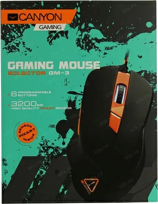 CANYON Eclector GM-3 Wired Gaming Mouse with 6 programmable buttons, Pixart optical sensor, 4 levels of DPI and up to 3200, 5 million times key life, 1.65m Braided USB cable,rubber coating surface and colorful RGB lights, size:130*75*40mm, 140g