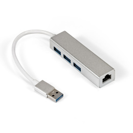Кабель-адаптер ExeGate EXE-77U3T-45 USB3.0 -- 3xUSB3.0 + 1xRJ45 UTP 1000Mbps RTL8153, корпус алюминиевый, серебристый EX294185RUS