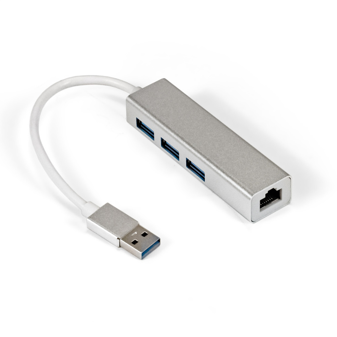Кабель-адаптер ExeGate EXE-77U3T-45 USB3.0 -- 3xUSB3.0 + 1xRJ45 UTP 1000Mbps RTL8153, корпус алюминиевый, серебристый EX294185RUS