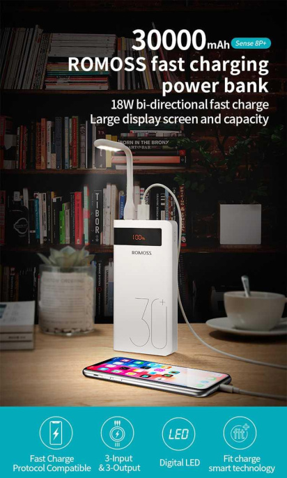 Мобильный аккумулятор Romoss Sense 8P+ 30000mAh QC3.0 18W 3A 2xUSB-A/USB-C белый 6958377507070
