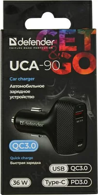 Defender UCA-90 83836 Автомобильное зарядное уст-во USB (Вх.12-24V Вых.5V/9V/12V 36W USB+USB-C)