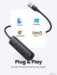 Хаб UGREEN CM416-80657 USB-A 3.0 to 4 USB-A 3.0, с проводом 1m; Поддержка жесткого диска 12 ТБ; С портом питания Type-C; Светодиодные индикаторы; Скорость до