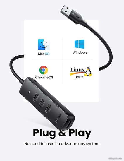 Хаб UGREEN CM416-80657 USB-A 3.0 to 4 USB-A 3.0, с проводом 1m; Поддержка жесткого диска 12 ТБ; С портом питания Type-C; Светодиодные индикаторы; Скорость до