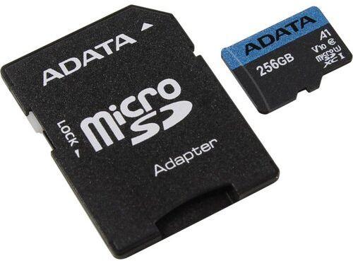 Карта памяти microSDXC UHS-I U1 A-Data Premier 256 ГБ, 100 МБ/с, 10X, Class 10, AUSDX256GUICL10A1-RA1,  1 шт., переходник SD