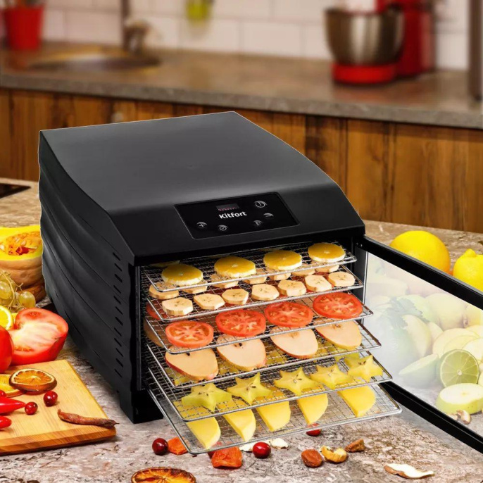 Сушилка для овощей и фруктов KitFort КТ-1920, черный, 6 поддонов
