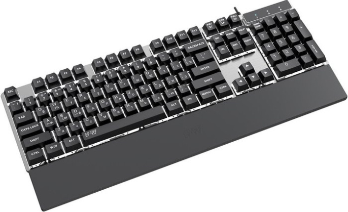 Клавиатура HAFF Gravix (KBD-GK150) (мембранная, проводная: USB, алюминиевая панель, подставка под запястье, RGB- подсветка, 1.6 м плетеный кабель, цвет: серебристый)