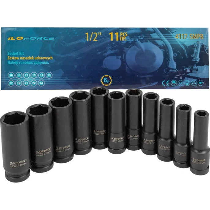 Набор головок ударных глубоких 6-гранных 11 предметов, 1/2''DR iLOFORCE IF-4117-5MPB(52561)