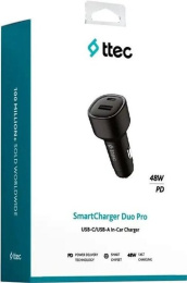 Автомобильное зарядное устройство TTEC 2CKP02CS SmartCharger Duo PD 48W Car Fast Charger USB-C+USB-A с кабелем USB-C-USB-C 3A. Цвет: черный (2CKP02CS)