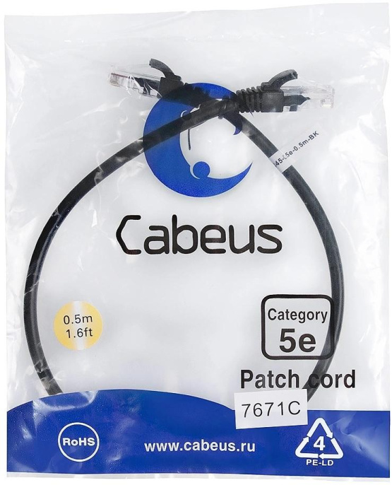 Патч-корд Cabeus PC-UTP-RJ45-Cat.5e-0.5m-BK-LSZH U/UTP RJ-45 вил.-вилка RJ-45 кат.5E 0.5м черный LSZH (17690594)