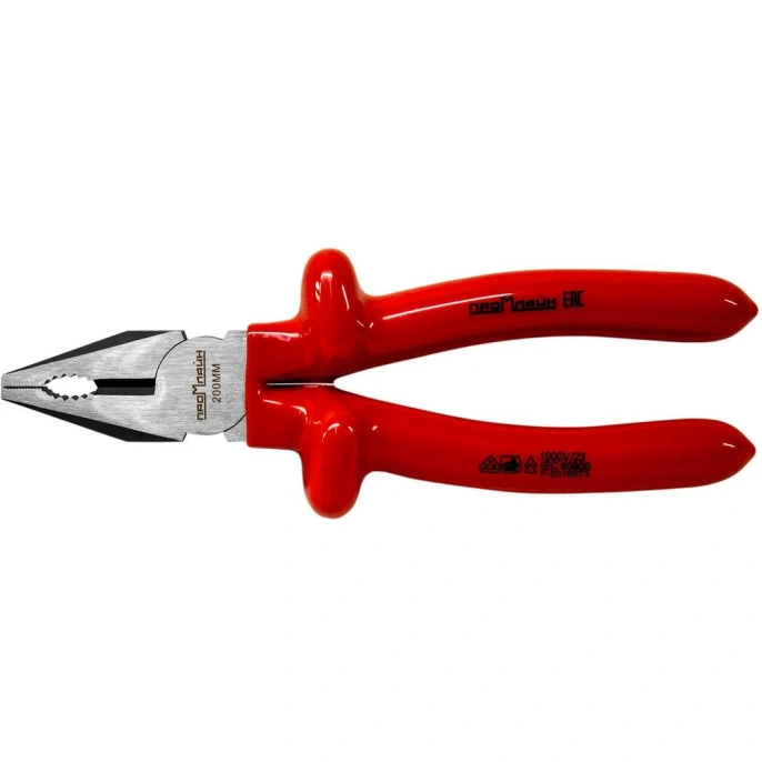 Диэлектрические комбинированные плоскогубцы Промлайн 200 мм, обливные рук., до 1000В, CrV 1 слойн ПЛ0210106200_z022