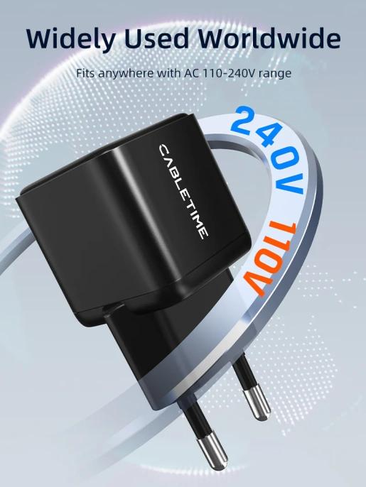 Сетевое зарядное устройство CABLETIME GA20B (CT-GAN20-PB) GaN PD3.0 20 Вт, черный