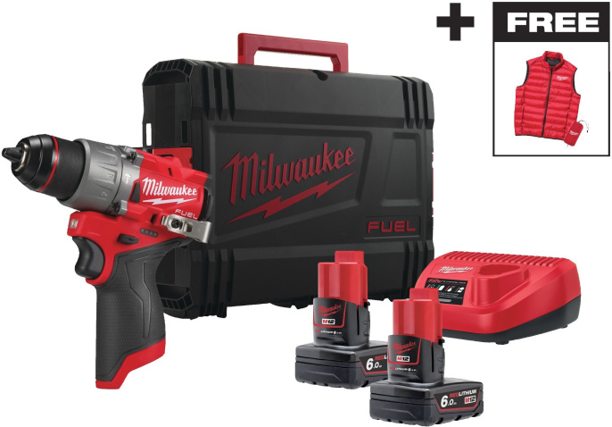 Промо-набор Milwaukee M12 FPD2MC-602X (4933499463) (включает: дрель-шуруповерт M12 FPD2-602X, 2 аккумулятора M12 B6, зарядное устройство С12С, пуховый жилет Milwaukee)