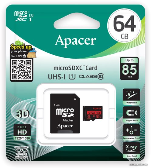 Карта памяти Apacer 64GB AP64GMCSX10U5-R + Adapter класс 10, чтение: 85 МБ/с, адаптер