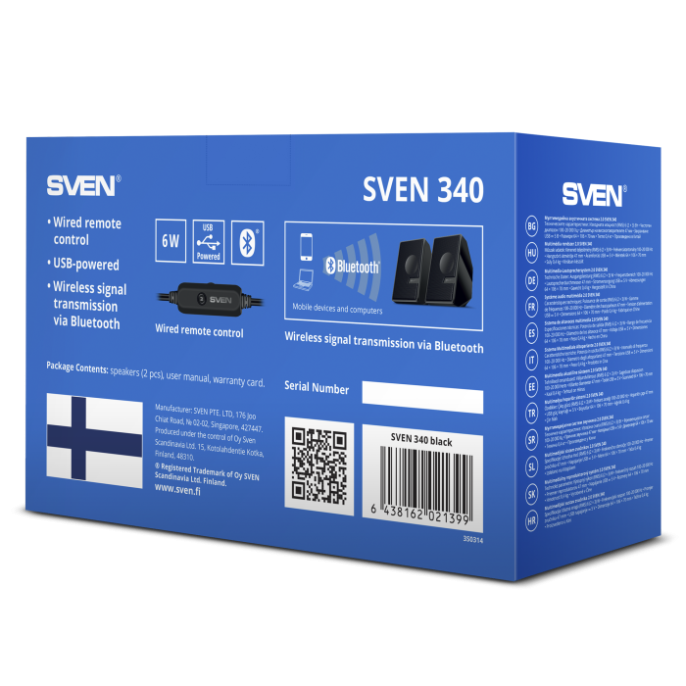 Колонки Bluetooth Sven 340, 2.0, черный [sv-021399]
