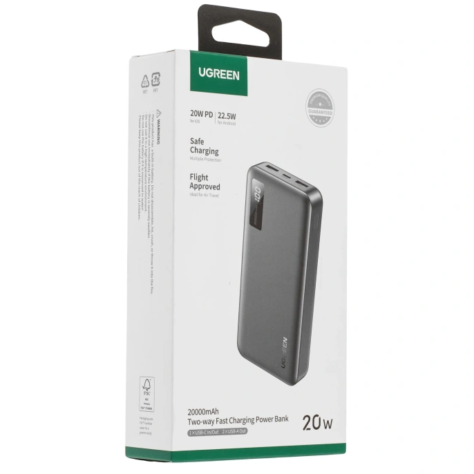 Внешний аккумулятор UGREEN PB312 25683 20000mAh Two-Way Fast Charging 2*USB-A&1*USB-C 20W Power Bank. Цвет: серый
