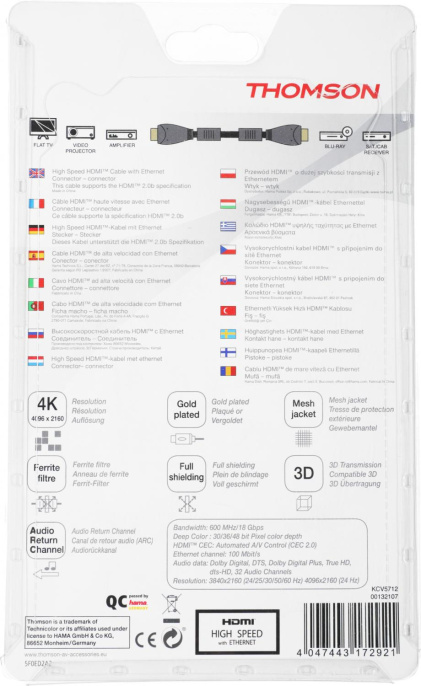 Кабель аудио-видео Thomson High Speed,  HDMI (m) -  HDMI (m),  3м, GOLD,  ф/фильтр,  черный [00132107]