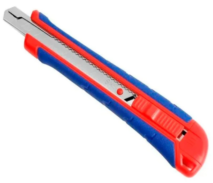 Нож строительный WorkPro WP212008 9мм пластиковый, эргономичный дизайн, удобное резиновое покрытие из двух материалов, прочный стальной картридж из нержавеющей стали, съемный колпачок для ножа