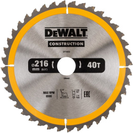 Диск пильный DeWalt DT1953-QZ (диаметр диска: 216мм, диаметр посадочного отверстия: 30мм, число оборотов: 7000об/мин, толщина диска: 1.7мм, ширина пропила под углом 90°: 2.6мм, материал обработки: дерево, композитный материал, пластик, материал изготовлен