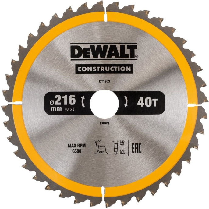 Диск пильный DeWalt DT1953-QZ (диаметр диска: 216мм, диаметр посадочного отверстия: 30мм, число оборотов: 7000об/мин, толщина диска: 1.7мм, ширина пропила под углом 90°: 2.6мм, материал обработки: дерево, композитный материал, пластик, материал изготовлен