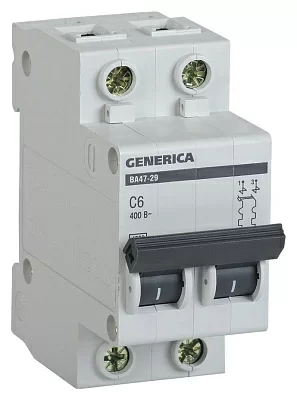 Выключатель автоматический IEK Generica MVA25-2-006-C 6A тип C 4.5kA 2П 400В 2мод серый (упак.:1шт)