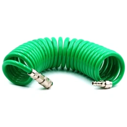 Шланг пневматический полиуретановый спиральный 5 м, 6.5х10 мм, быстросъем Rapid M+F сталь, 10-16 бар, зеленый HQ-mech HQ-AH05-510GREEN УТ000002506
