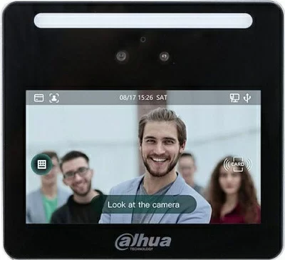 Скуд DAHUA AI терминал доступа с распознаванием лиц c Wi-Fi4,3-дюймовый сенсорный ЖК-экран; разрешение 480 272С 2мп двойная камера с широкоугольными объективами и ИК подсветкойРазблокировка: лицо, кар