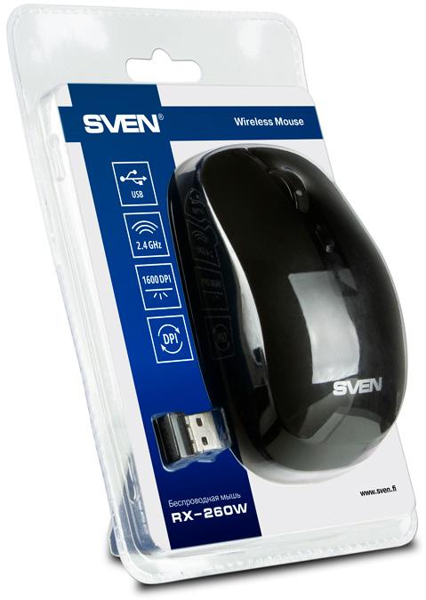 Беспроводная мышь SVEN RX-260W чёрная 2,4 GHz, 3+1кл. 800/1200/1600DPI, блист. SV-018160