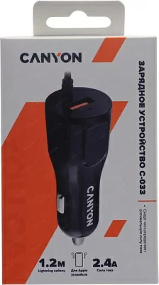 CANYON C-033 Universal 1xUSB car adapter, plus Lightning connector, Input 12V-24V, Output 5V/2.4A(Max), with Smart IC, black glossy, cable length 1.2m, 77*30*30mm, 0.041kg, Russian