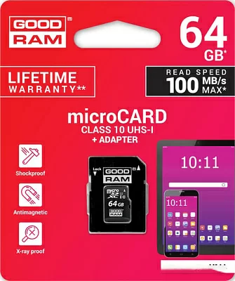 Карта памяти MicroSDHC 64Gb M1AA-0640R12 Goodram class 10 UHS I + adapter