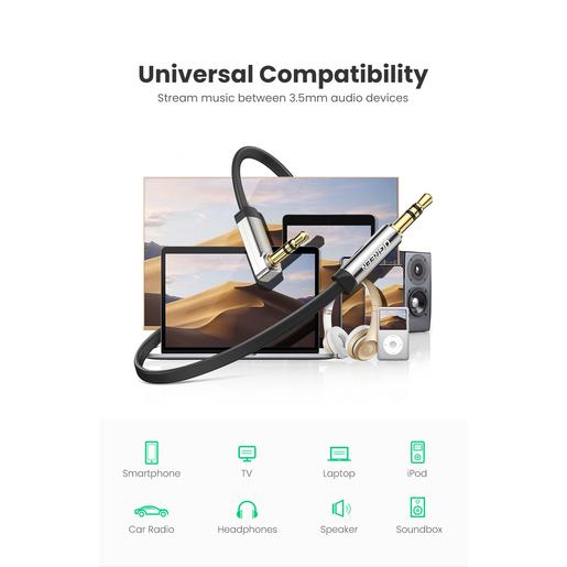 Кабель угловой UGREEN AV119 10597 3.5mm Male to 3.5mm Male Straight to angle flat Cable. Длина 1 м. Цвет: черный