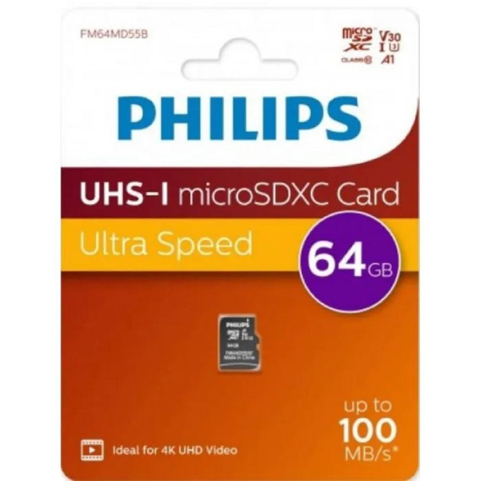 Флеш карта microSD 64GB PHILIPS High Speed microSDHC Class UHS-I U3, V30, A1, 100MB/s FM64MD55B/97