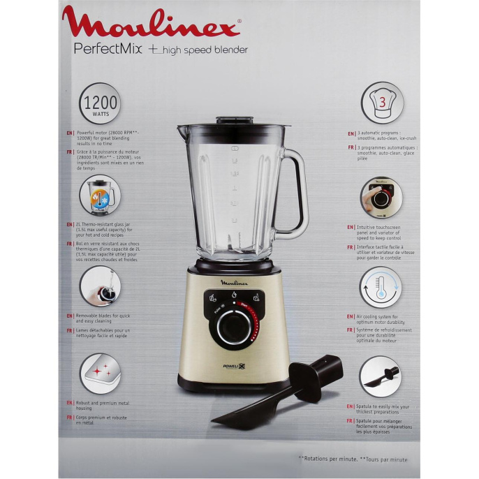 Высокоскоростной блендер Moulinex/ Высокоскоростной блендер Moulinex PerfectMix+, механическое управление, 3 автоматические программы, мощность 1200 Вт, объем чаши 2 л, турбо, съемные лезвия