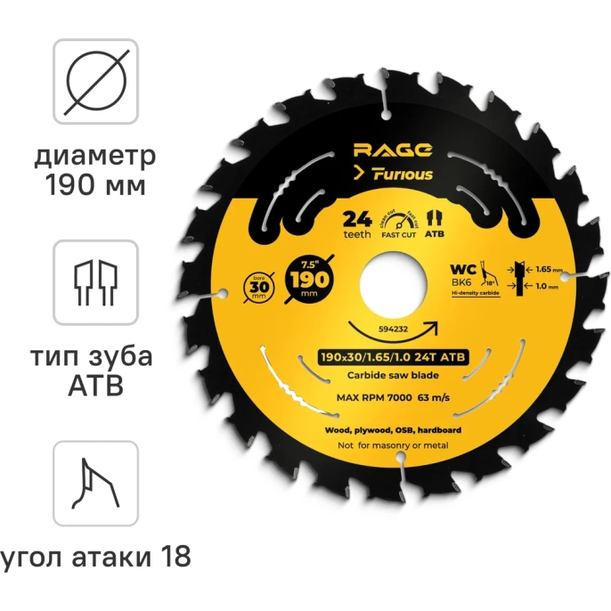 Диск пильный быстрый RAGE Furious 190 мм 24 зуба посадка 30 мм + кольцо 20/16 мм 594232