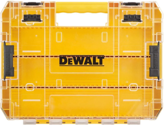 Органайзер DeWalt DT70804-QZ включает в себя: большой прочный пустой кейс, контейнер для хранения мелких предметов, 7шт бит-отверток 25мм, 7шт бит-отверток 57мм, разделители