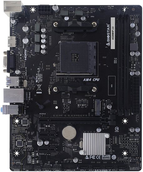 Материнская плата Biostar A520MHP 2.0 (mATX, 23.5x19 см, AMD A520, 2xDDR4 DIMM, 4400МГц, до 64GB, звук 7.1, 4xSATA3.0 (6Gb/s), 1xM.2, 1xPCIe3.0x16, 2xPCIe3.0x1, 1хHDMI, 1xVGA)