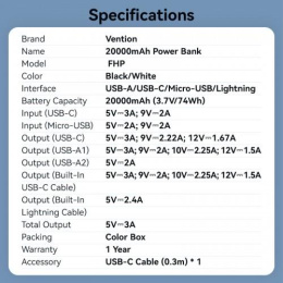 Power Bank Vention 20000mAh Micro-USB/C/A/A со встроенными кабелями 22.5W Чёрный с LED Дисплеем, шт. FHPB0