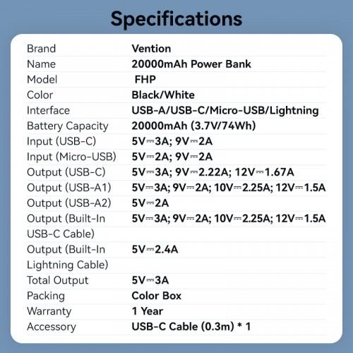 Power Bank Vention 20000mAh Micro-USB/C/A/A со встроенными кабелями 22.5W Чёрный с LED Дисплеем, шт. FHPB0
