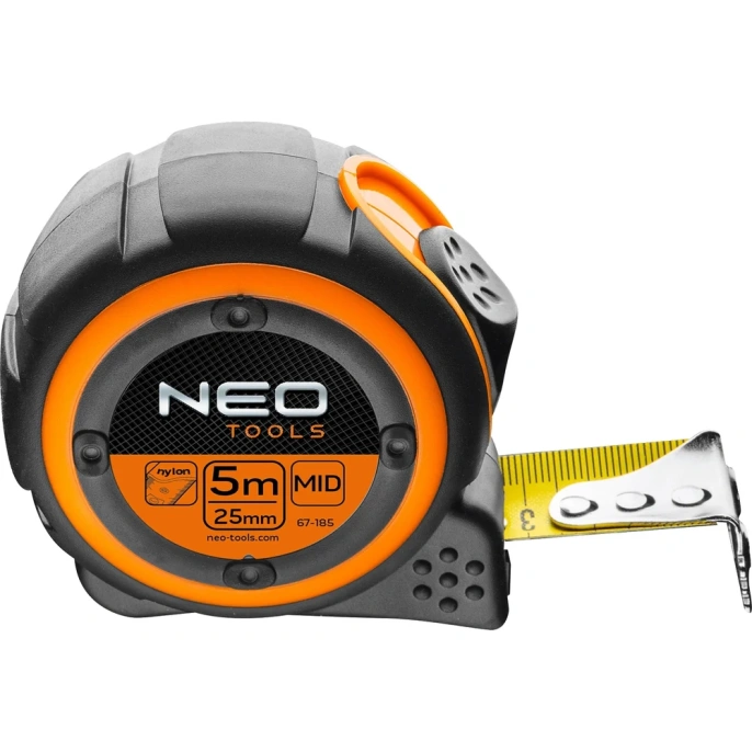 Рулетка NEO Tools двухкомпонентный корпус стальная нейлоновая лента 5 м x 25 мм магнит 67-185