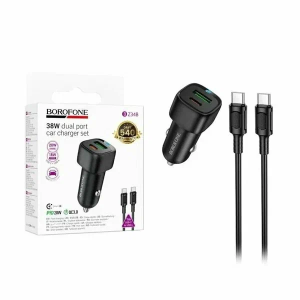 Автомобильное зарядное устройство BOROFONE BZ34B PD + QC 3.0/ 2 USB: Type-C + Type-A/ Выход: 20W + 18W/ черный